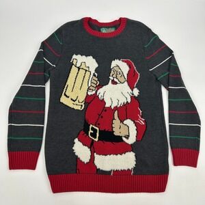 Ugly Christmas Sweater Santa Beer Adult Medium Gray Glitter Knit Holiday‎ Party
